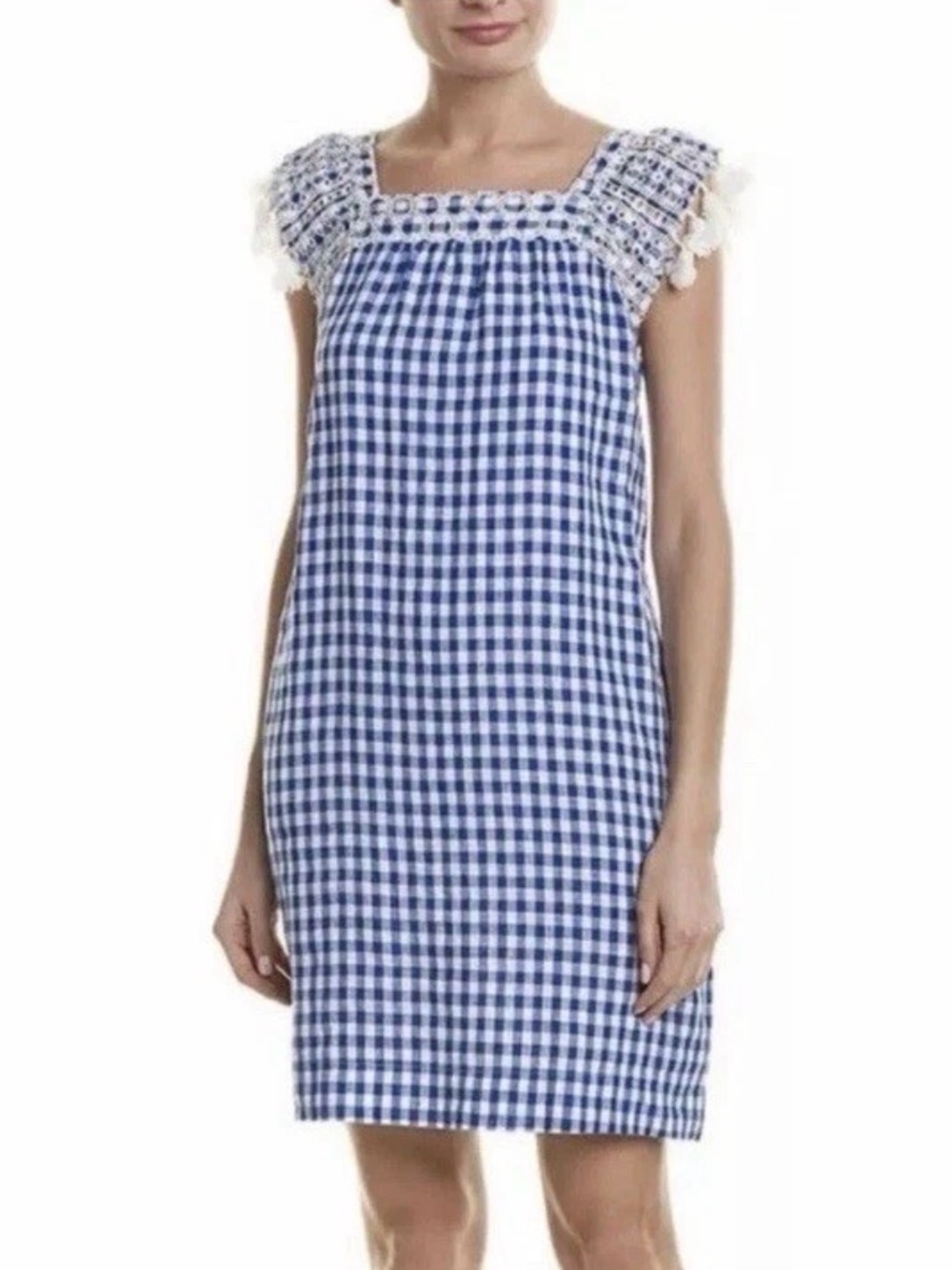 J McLaughlin Blue Gingham Dress with Crochet Trim